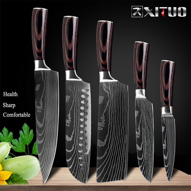 XITUO 8"inch japanese kitchen knives Laser Damascus pattern chef knife Sharp Santoku Cleaver Slicing Utility Knives tool EDC