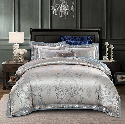 Sliver Gold Luxury Silk Satin Jacquard duvet cover bedding set queen king size Embroidery bed set bed sheet/Fitted sheet set