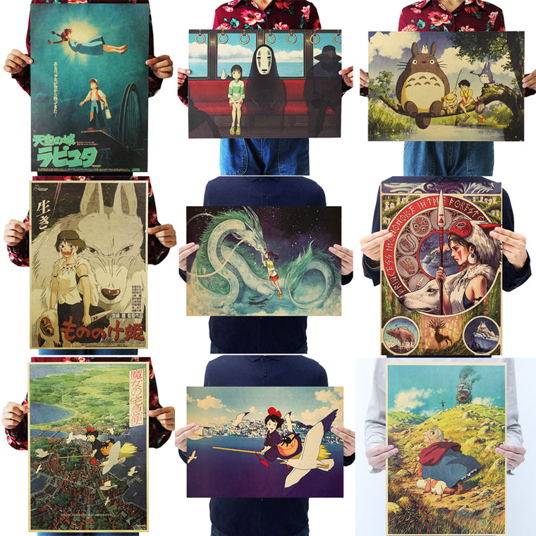 Dlkklb Hayao Miyazaki Anime Movie Poster Set Kraft Paper Cafe Bar Retro Poster Decorative Painting Art Wall Stickers Home Decor