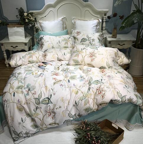 Silky Egyptian cotton Yellow Chinoiserie style Birds Flowers Duvet Cover Bed sheet Fitted sheet set King Size Queen Bedding Set
