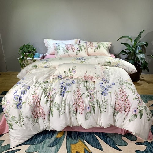 Silky Egyptian cotton Yellow Chinoiserie style Birds Flowers Duvet Cover Bed sheet Fitted sheet set King Size Queen Bedding Set