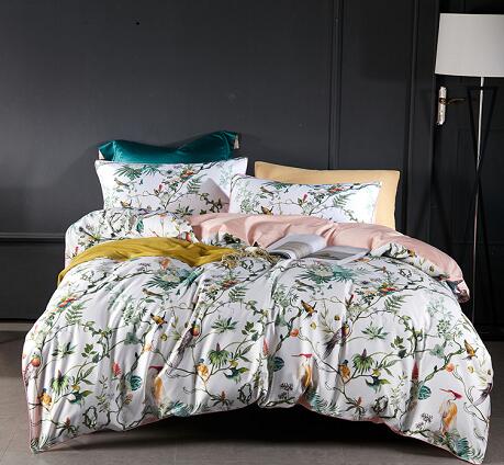 Silky Egyptian cotton Yellow Chinoiserie style Birds Flowers Duvet Cover Bed sheet Fitted sheet set King Size Queen Bedding Set