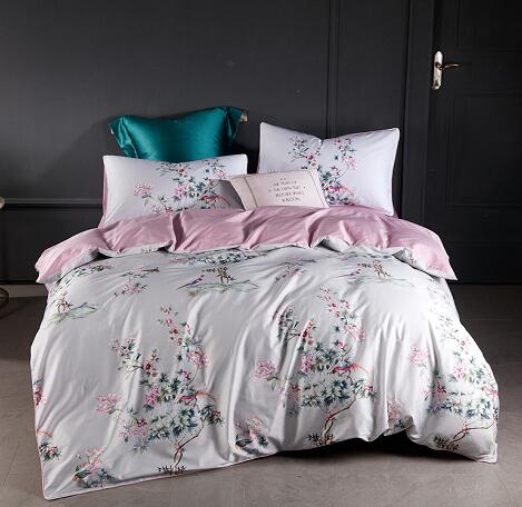 Silky Egyptian cotton Yellow Chinoiserie style Birds Flowers Duvet Cover Bed sheet Fitted sheet set King Size Queen Bedding Set