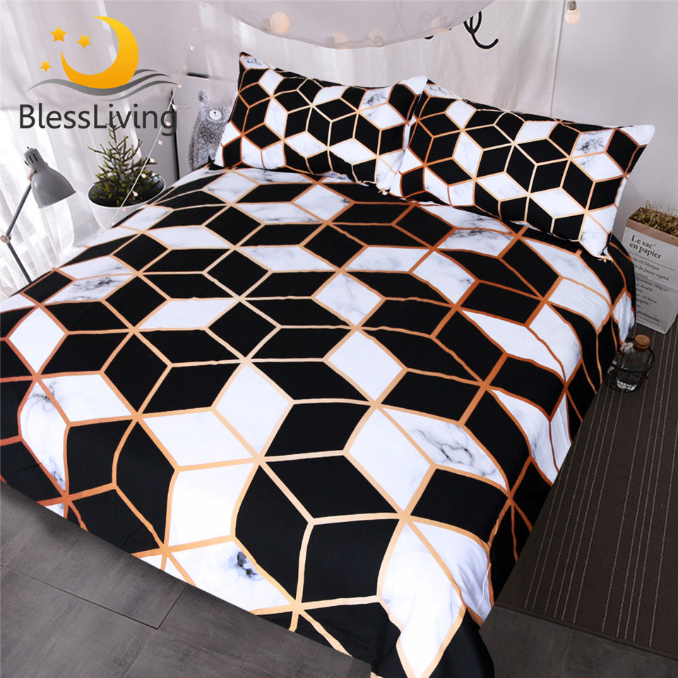 BlessLiving Geometric Bedding Set Black White Duvet Cover Set Marble Print Blocks Cube Bed Cover Fashionable Bedspreads Queen