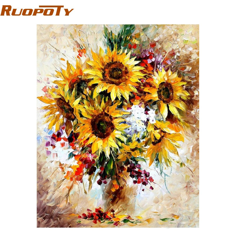 RUOPOTY Frame Yellow Sunflower Diy Digital Painting By Number Acrylic Picture Modern Wall Art Hand Painted Oil Painting For Home