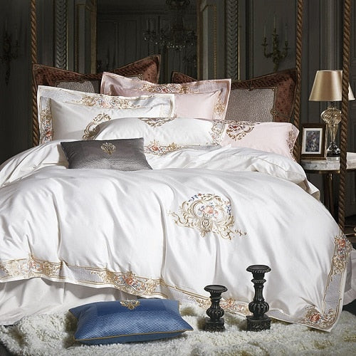 1000TC Egyptian Cotton Royal Luxury Bedding set White King Queen Size Embroidery Bed set Duvet Cover Bedsheet set parrure de lit