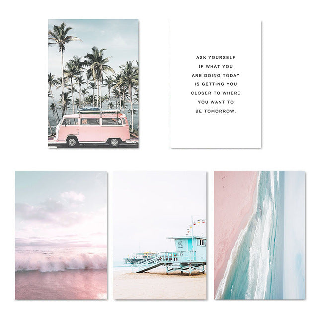 Ocean Landscape Canvas Poster Nordic Style Beach Pink Bus Wall Art Print Painting Decoration Picture Scandinavian Home Decor