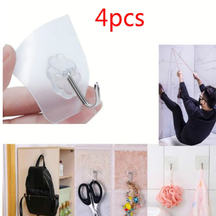4PCs Transparent Strong Self Adhesive Door Wall Hangers Towel Mop Handbag Holder Hooks For Hanging Kitchen Bathroom Accessories