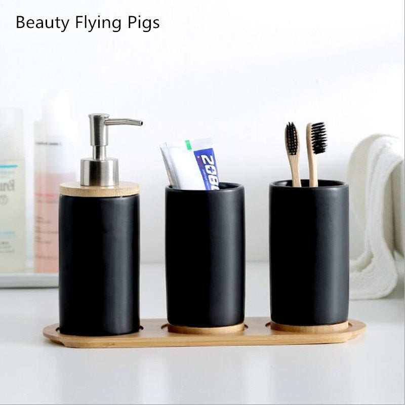 WSHYUFEI Promotion Bathroom set Ceramics Mouth cup Toothbrush holder Lotion bottle For toothpaste Bamboo Storage board