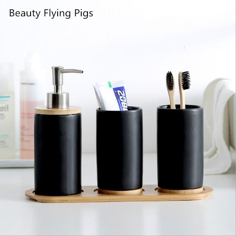 WSHYUFEI Promotion Bathroom set Ceramics Mouth cup Toothbrush holder Lotion bottle For toothpaste Bamboo Storage board