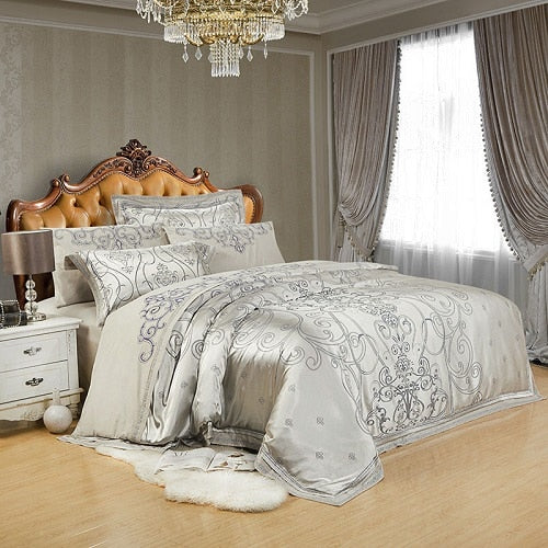 Sliver Gold Luxury Silk Satin Jacquard duvet cover bedding set queen king size Embroidery bed set bed sheet/Fitted sheet set